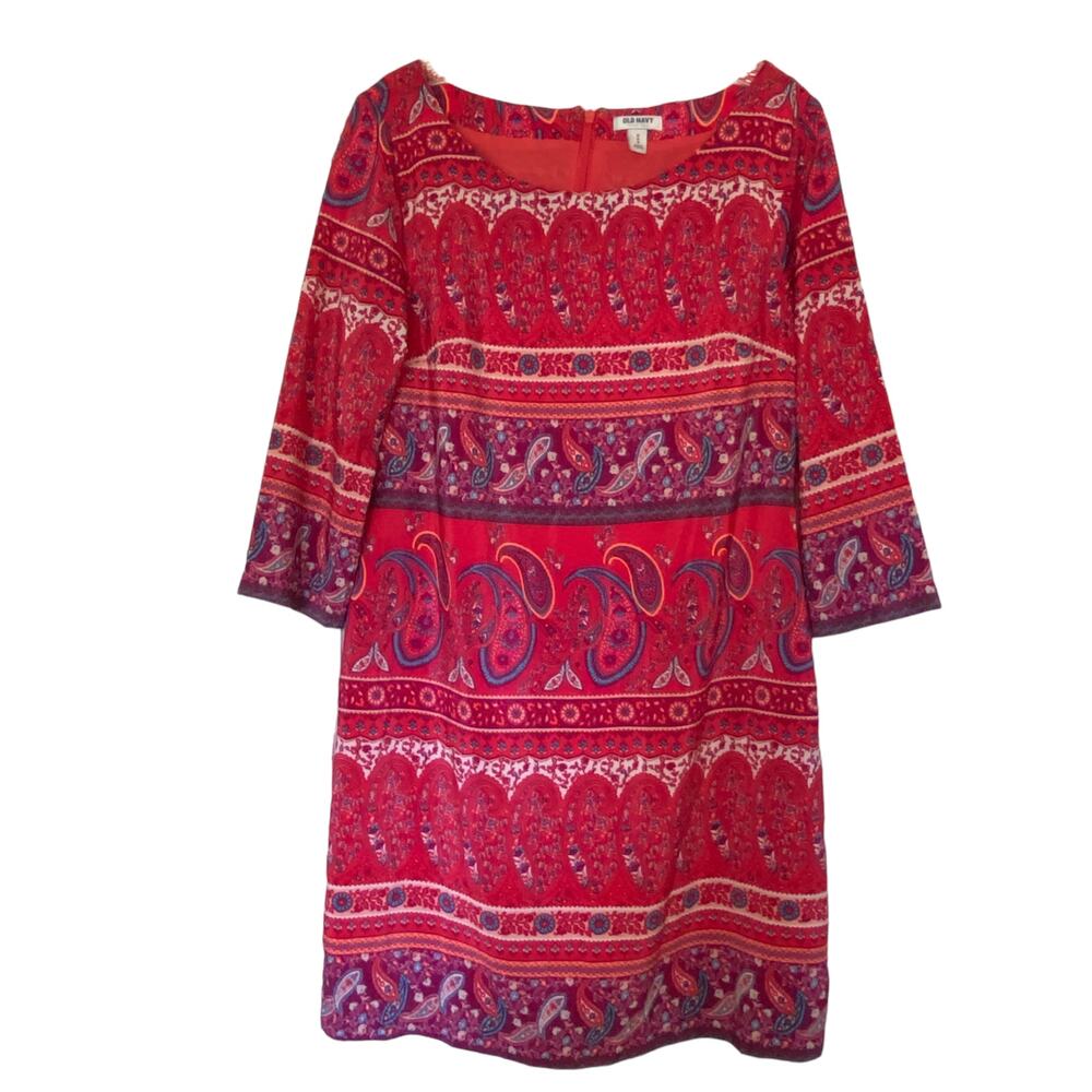 OLD NAVY Women's Size M Red Paisley Shift Dress Zip Back 3/4 Sleeves Lined